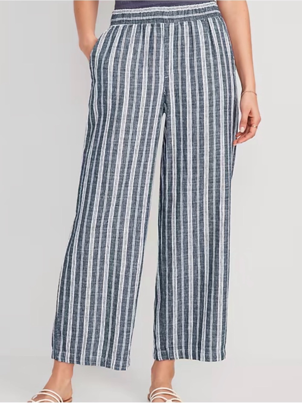 Old Navy High-Waisted Linen-Blend Wide-Leg Pants Size Large Striped Blue